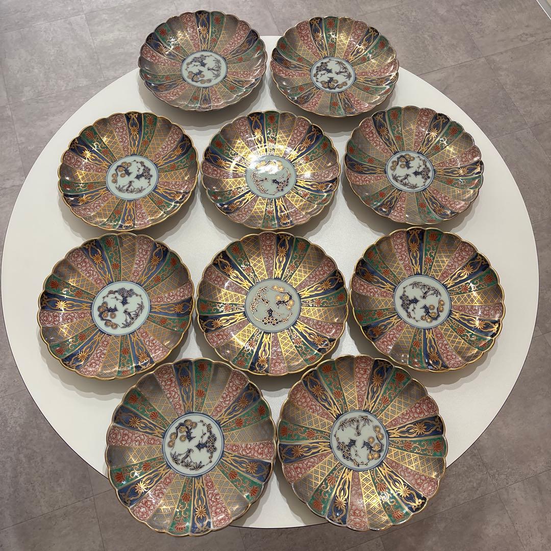 【美品】有田焼 林九郎作 色絵金彩 花形 大皿10枚セット