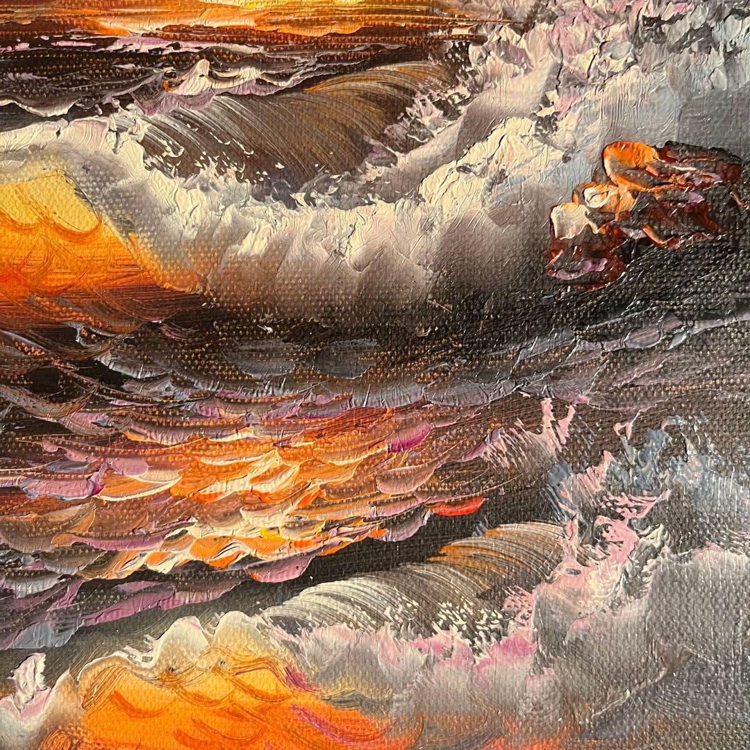 手書き油絵 荒海 額付き 絵画 インテリア 油彩画