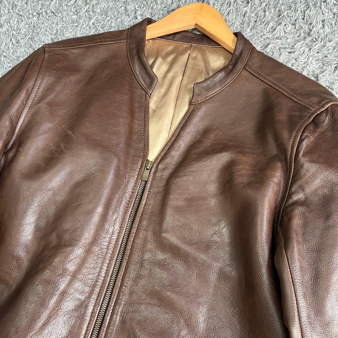 【美品】NO ID カウレザーVネックシングルライダースJKT 茶 3 牛革