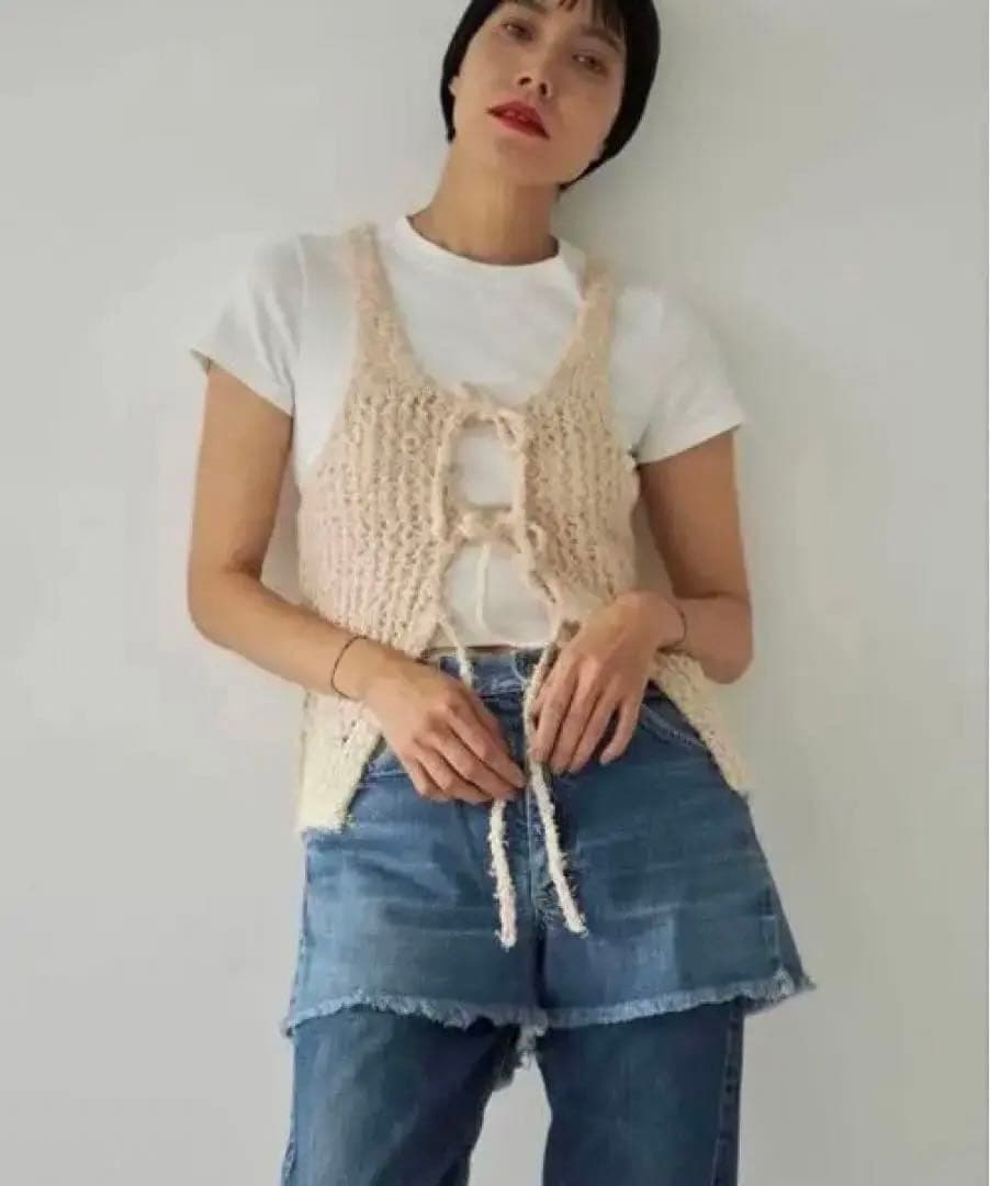トップス Mediam Frayed Yarn Open Front Tank Black