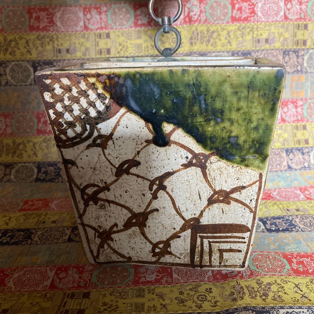 //あじさい//江戸織部井戸桶に似せた花器12.7×12.6×10cm箱無