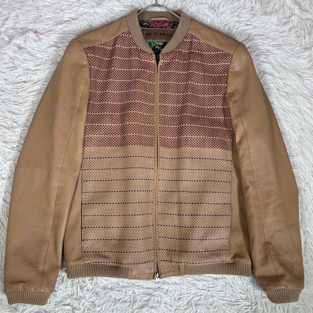 【未使用級】ETRO 羊革 レザーブルゾン ジャケット 編み込み 切替 総柄裏地