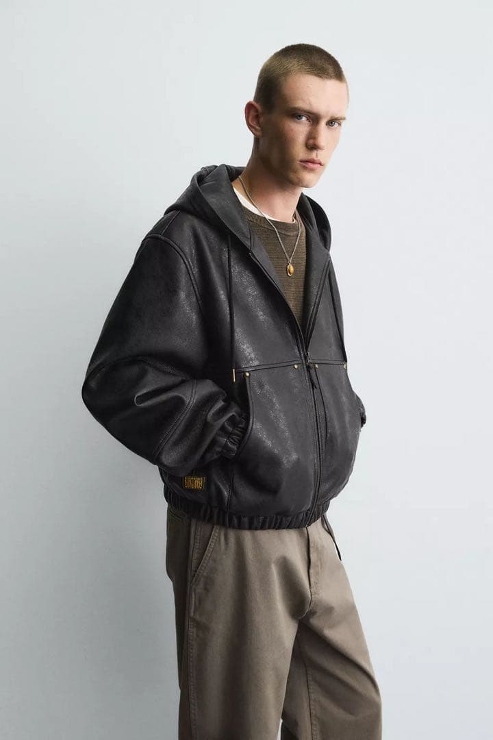 ZARA フェイクレザー フーデッドジャケット