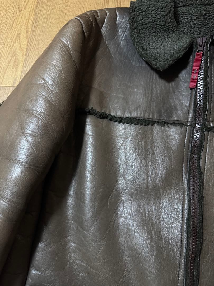 291295=HOMME 本革 W-ZIP 裏ボアブルゾン ブラウン サイズⅢ