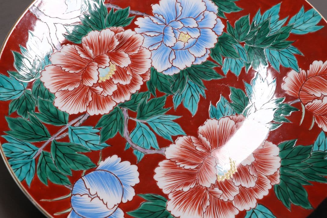 有田焼 鍋島定山作 牡丹図 色絵大皿 40.6cm 飾り皿 赤絵 MA406