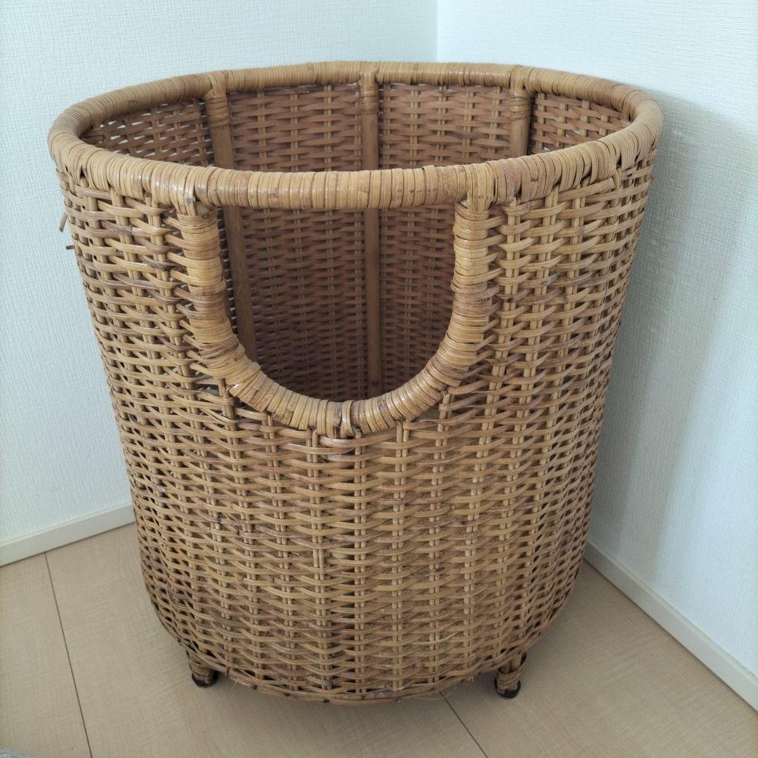 バスケット　丸　ラウンド　大きめ　レトロ　籐　ラタン