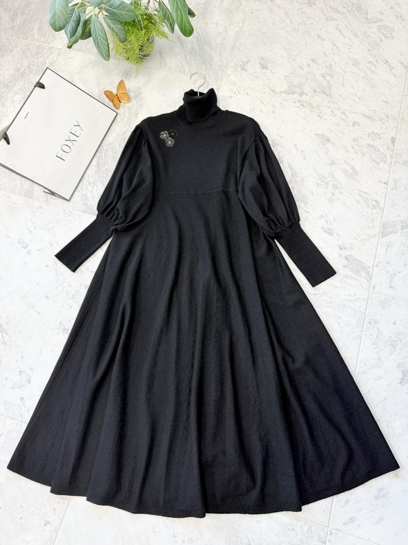 美品★Drawerドゥロワー パフスリーブニットワンピース ウール ブラック2