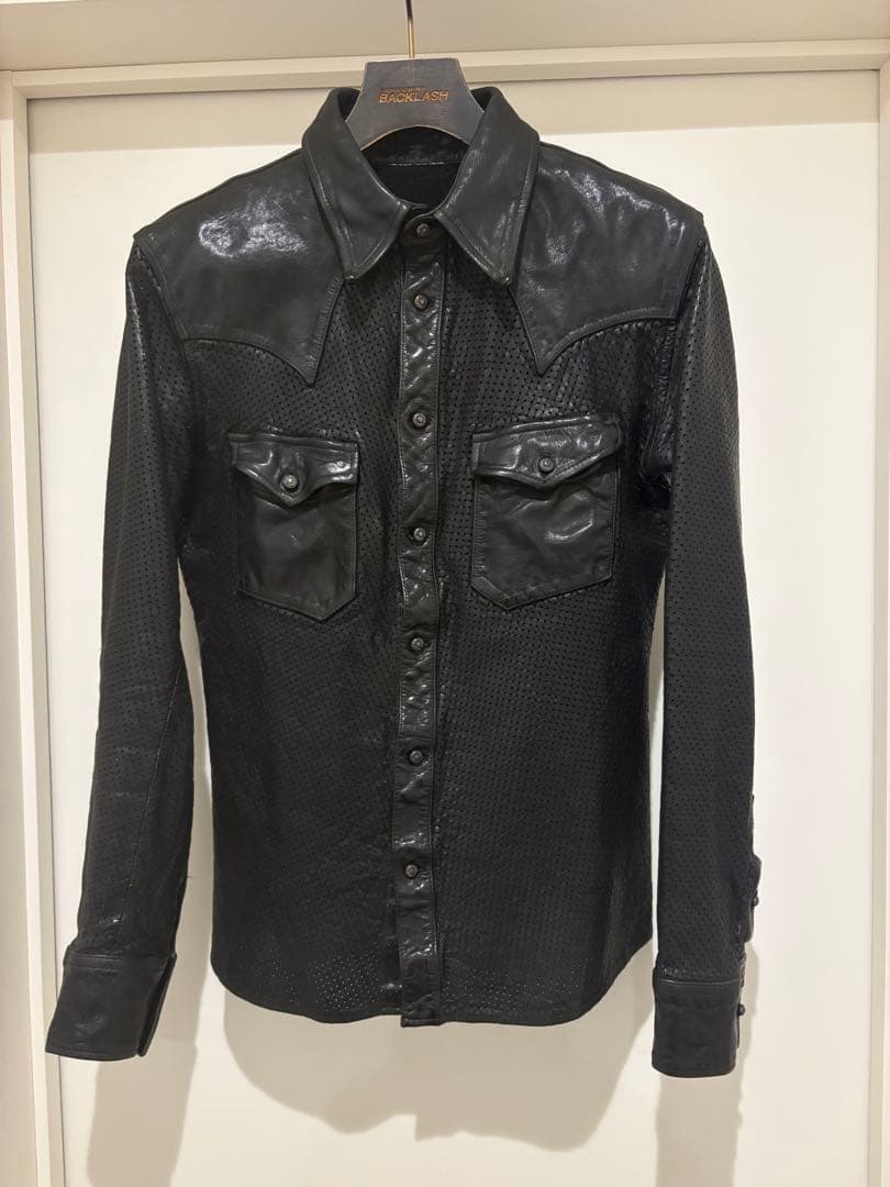 良品バックラッシュB'z稲葉着用ジャパンステア製品染めパンチングレザーシャツ黒M