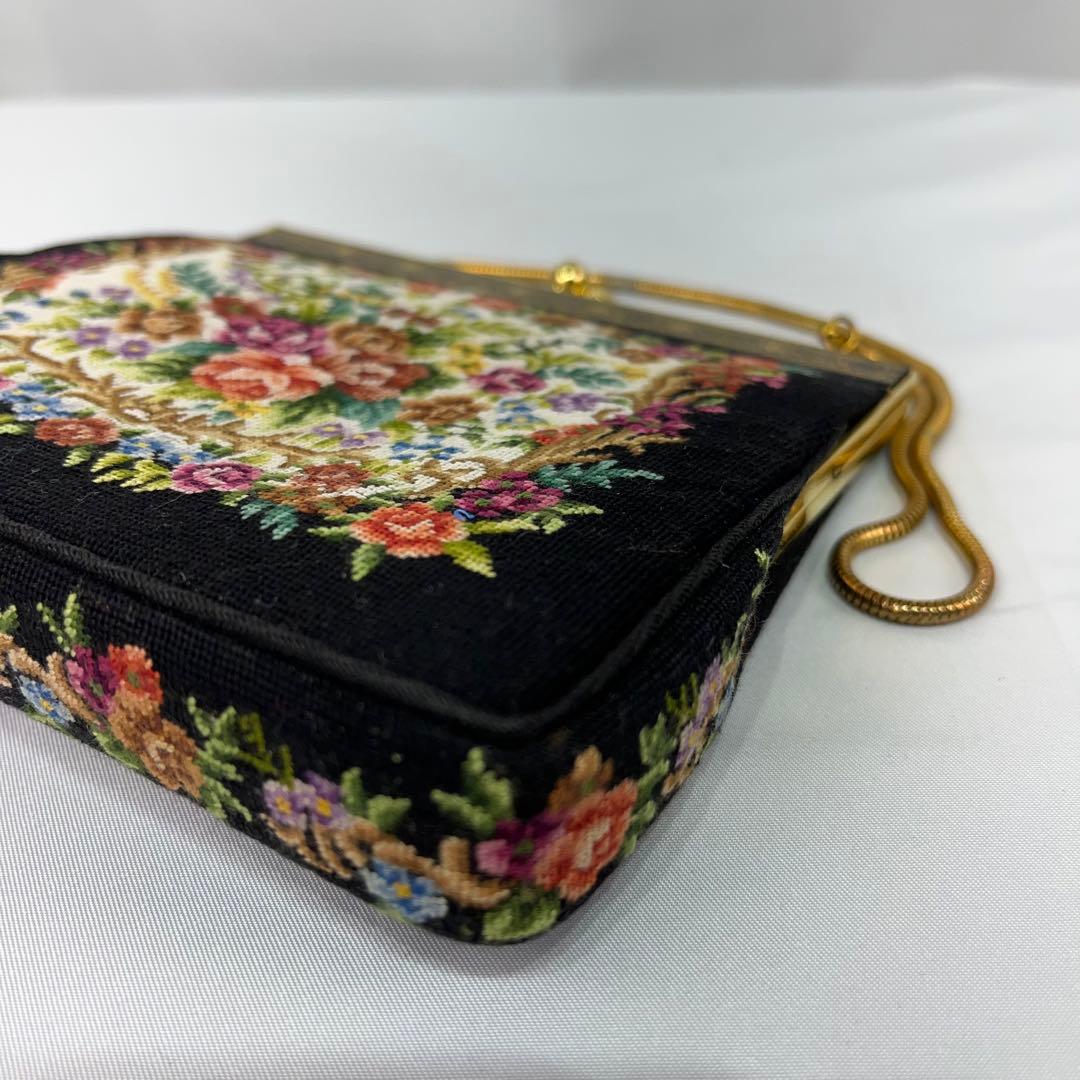 【人気】プチポワン　アンティークゴブラン　花柄刺繍　黒　ハンドバッグ