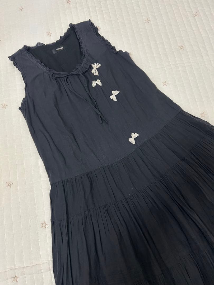 ピンクハウス　綿ローン　ワンピース　二枚仕立て　灰黒　リボン刺繍　ノースリーブ