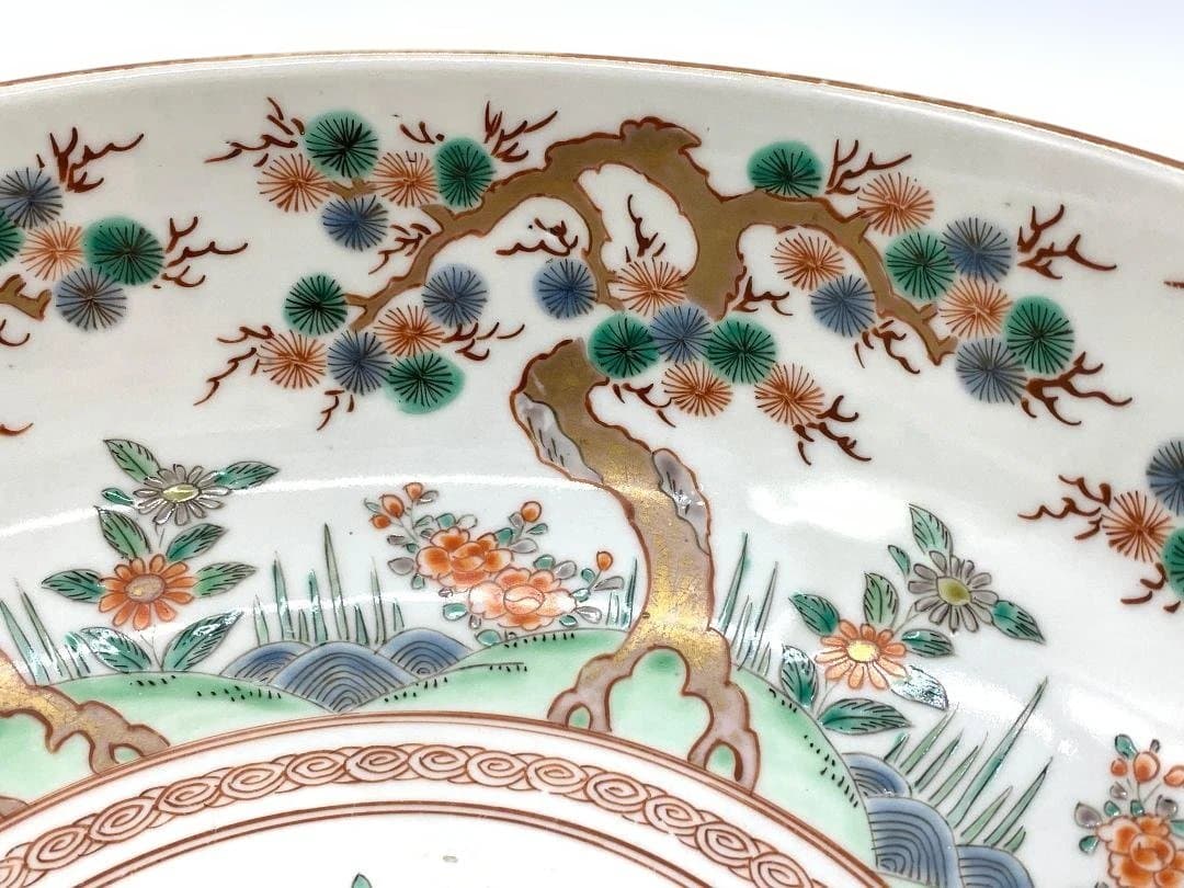 【有田焼】 明治期 　輸出向 　白磁金彩錦絵 『五彩草花文特大深鉢』