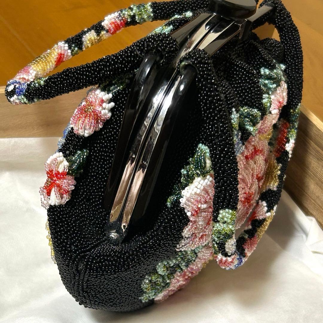 【希少】総ビーズがま口バッグ　和装ビーズバッグ　両表面　花柄刺繍　レトロ