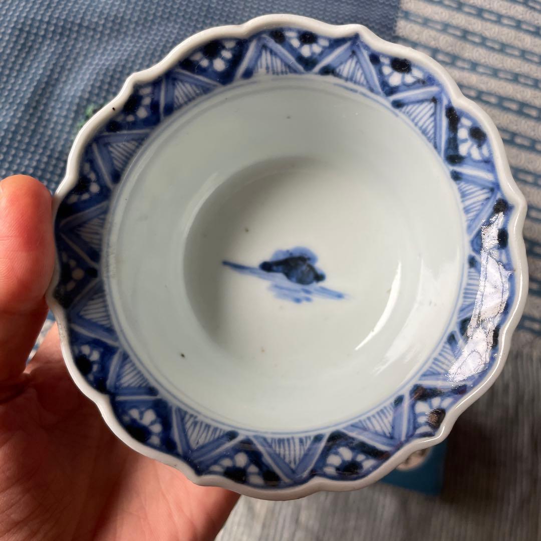 古伊万里 染付 雲鶴文 輪花小鉢完品
