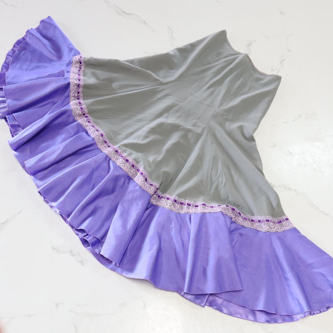 【美品 フラメンコ衣装】ライトグレー×ラベンダー×レース地 ファルダ スカート