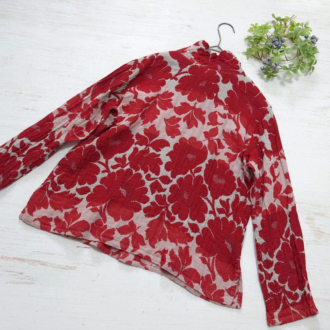 【美品】プランテーション 花柄 スタンドカラー 長袖 シャツ ゆったり M