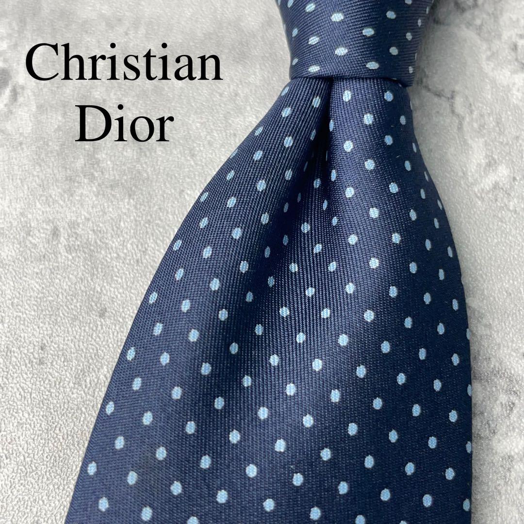 美品 Christian Dior ディオール ドット柄 ネクタイ ネイビー 紺