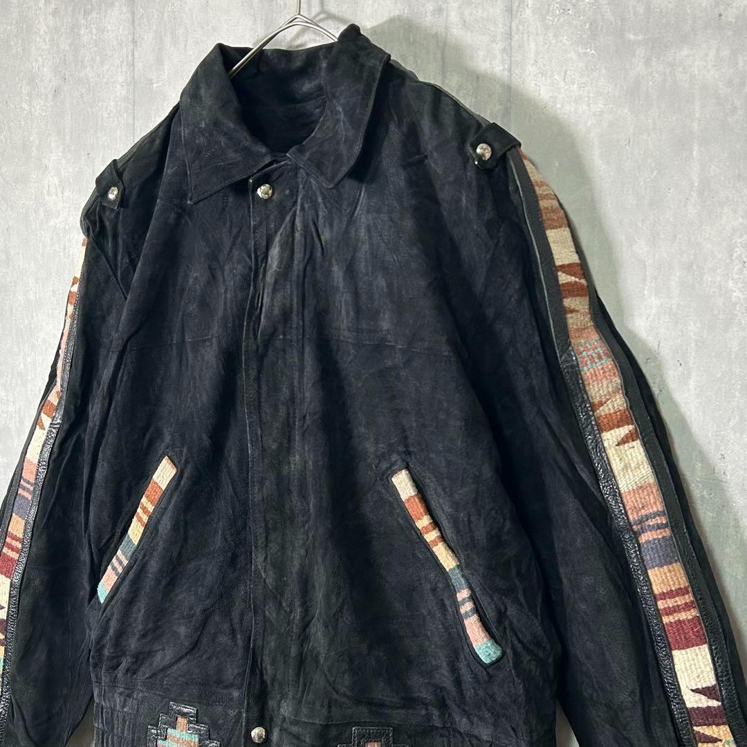 メキシコ製 ヴィンテージ スエード ジャケット ネイティブ柄 黒