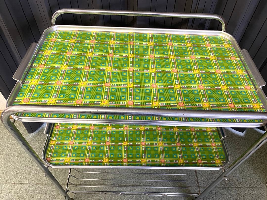 【昭和レトロ】緑のチェック柄キッチンワゴン