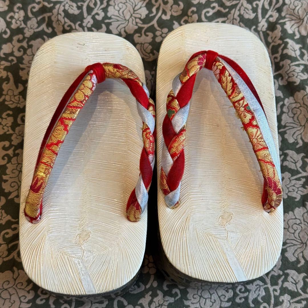 美品　七五三　アンティーク　ぽっくり　下駄　白木　女の子　紅白　赤　白　鶴