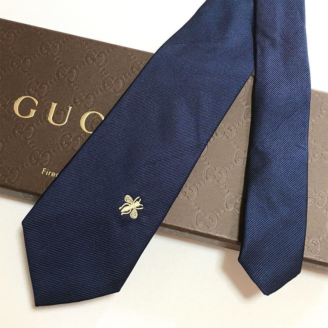 未使用級 グッチ GUCCI ネクタイ シルク ネイビー 蜂 Bee ハチ