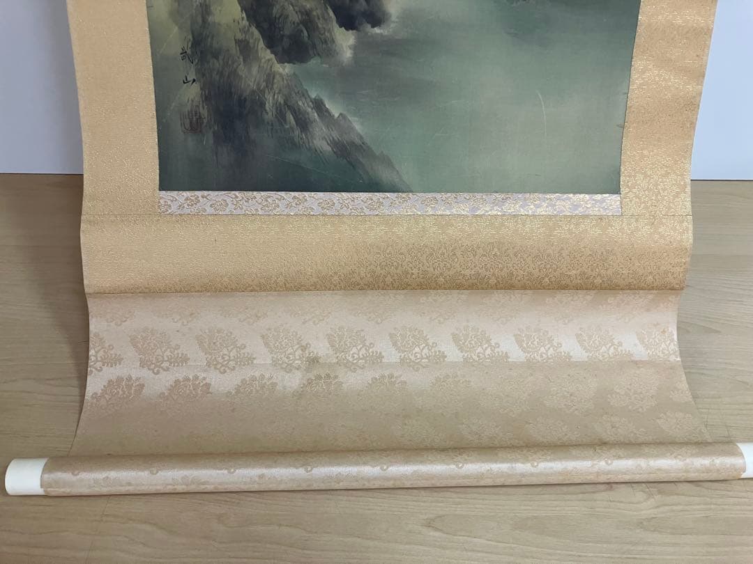 武山　掛軸 古美術 掛け軸 彩色山水 風景画 山岳 河川
