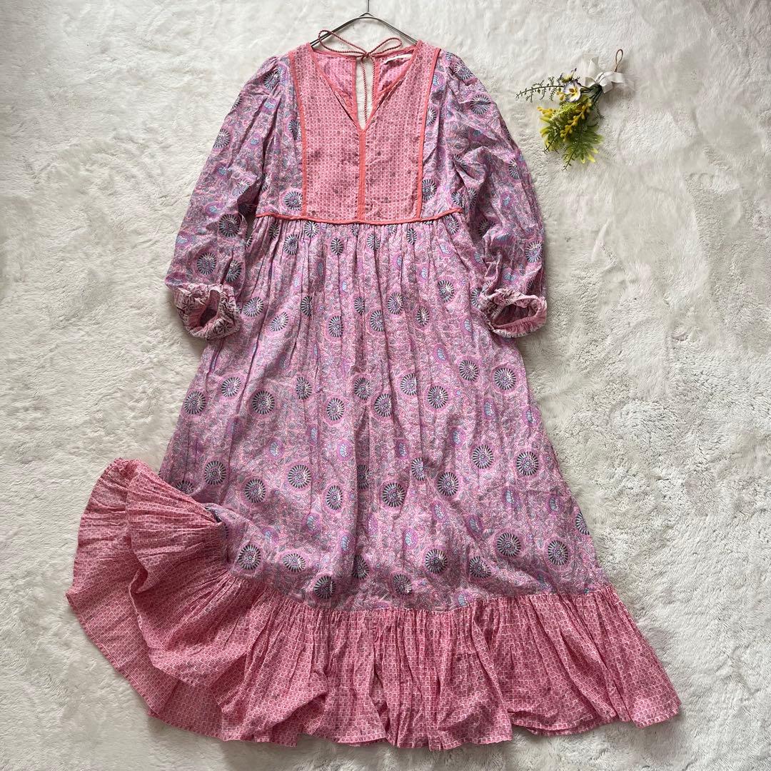 美品✨ヌキテパ　コンビネーションエスニック　ギャザー プリントワンピースピンク