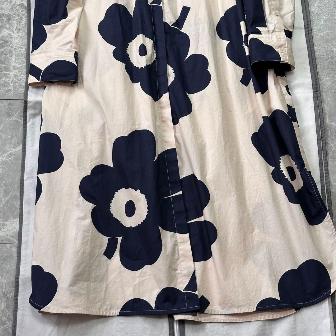 マリメッコ♡ロングシャツワンピース ウニッコ 大花柄 ベージュ ネイビー 38