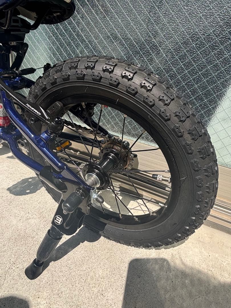 【送料込み】ヨツバサイクル14インチ ネイビー　純正スタンド+未使用補助輪付