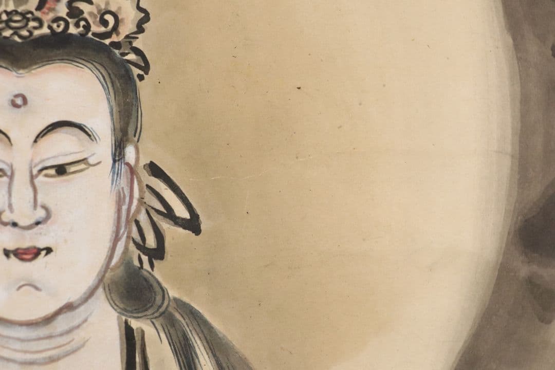 【模写】日本画 仏画 龍頭観音像 紙本 掛け軸 月〇銘 桐箱 水墨画 MA72