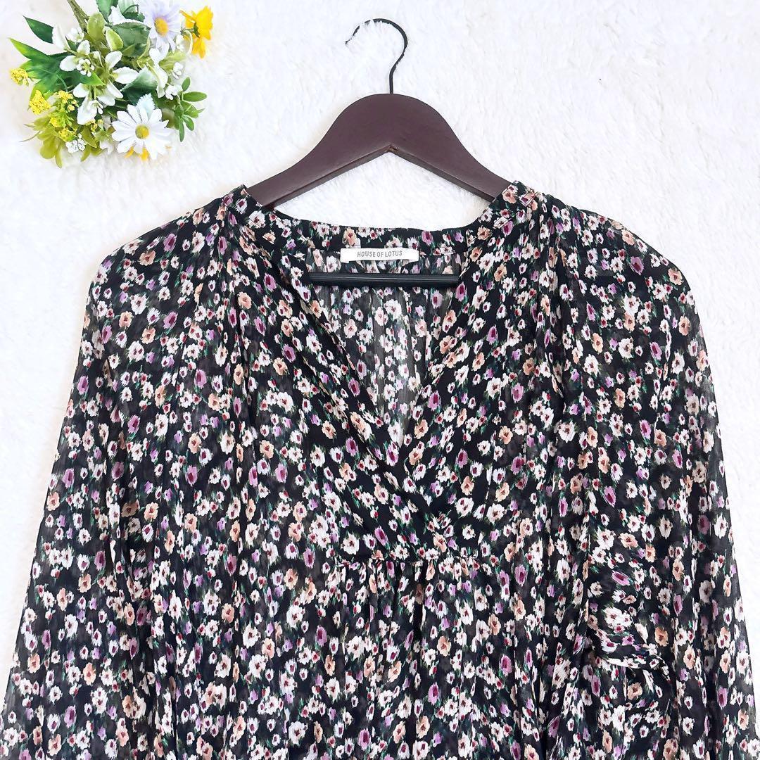 美品 HOUSE OF LOTUS 花柄ロングワンピース ドットフラワー 黒 S