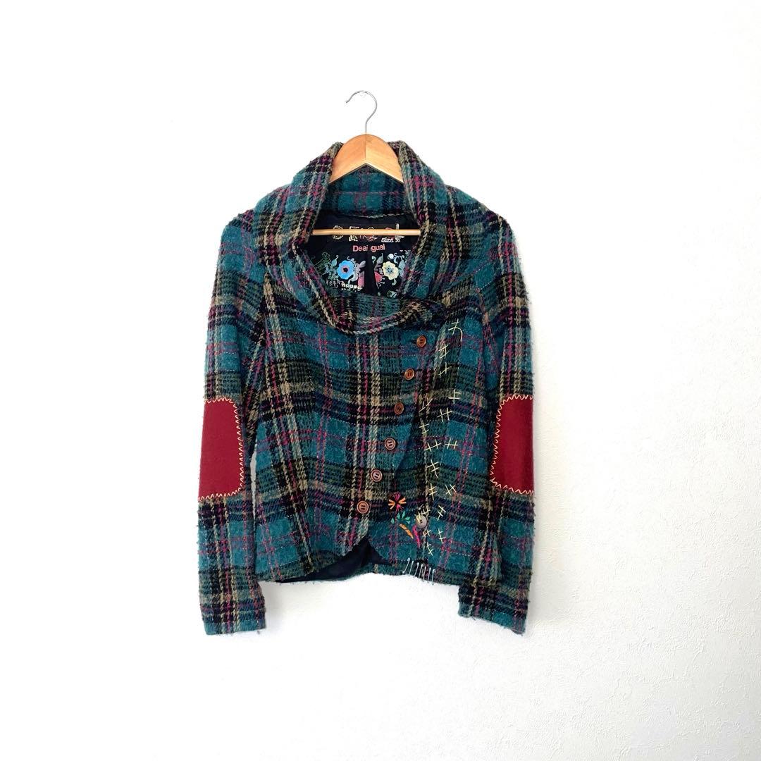 Desigual デシグアル ツイードジャケット チェック柄 刺繍 38