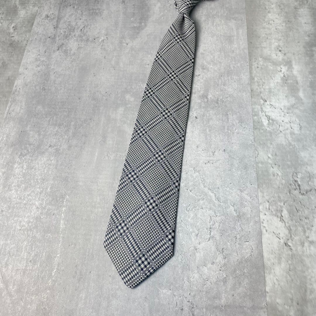 美品 BALENCIAGA バレンシアガ グレンチェック 千鳥柄 ネクタイ 銀