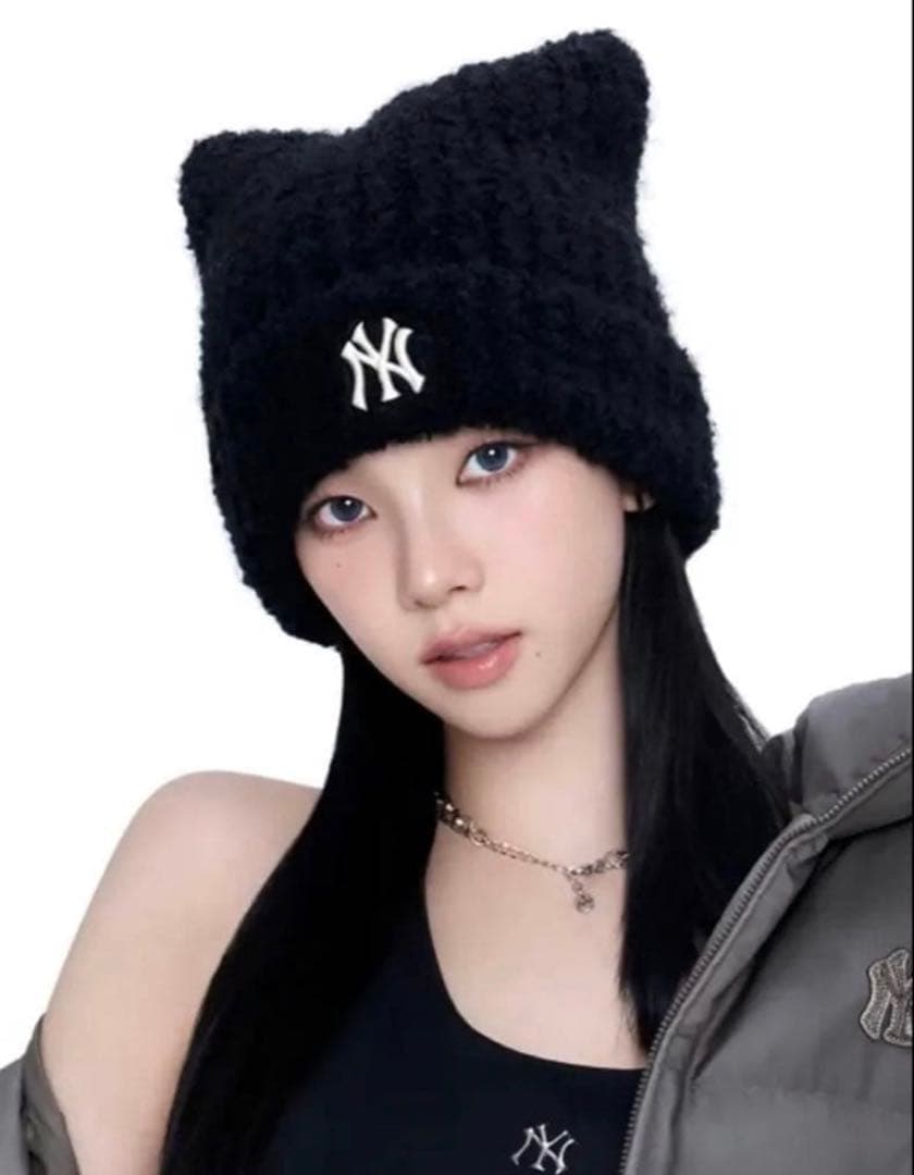 MLB 韓国限定 ビーニー 猫耳 ニット帽 カリナ着用 黒 紐なし