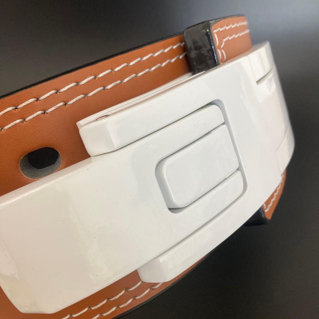 パワーベルト レバーアクション Lサイズ ワンタッチ可変式 本革 茶 バックル白