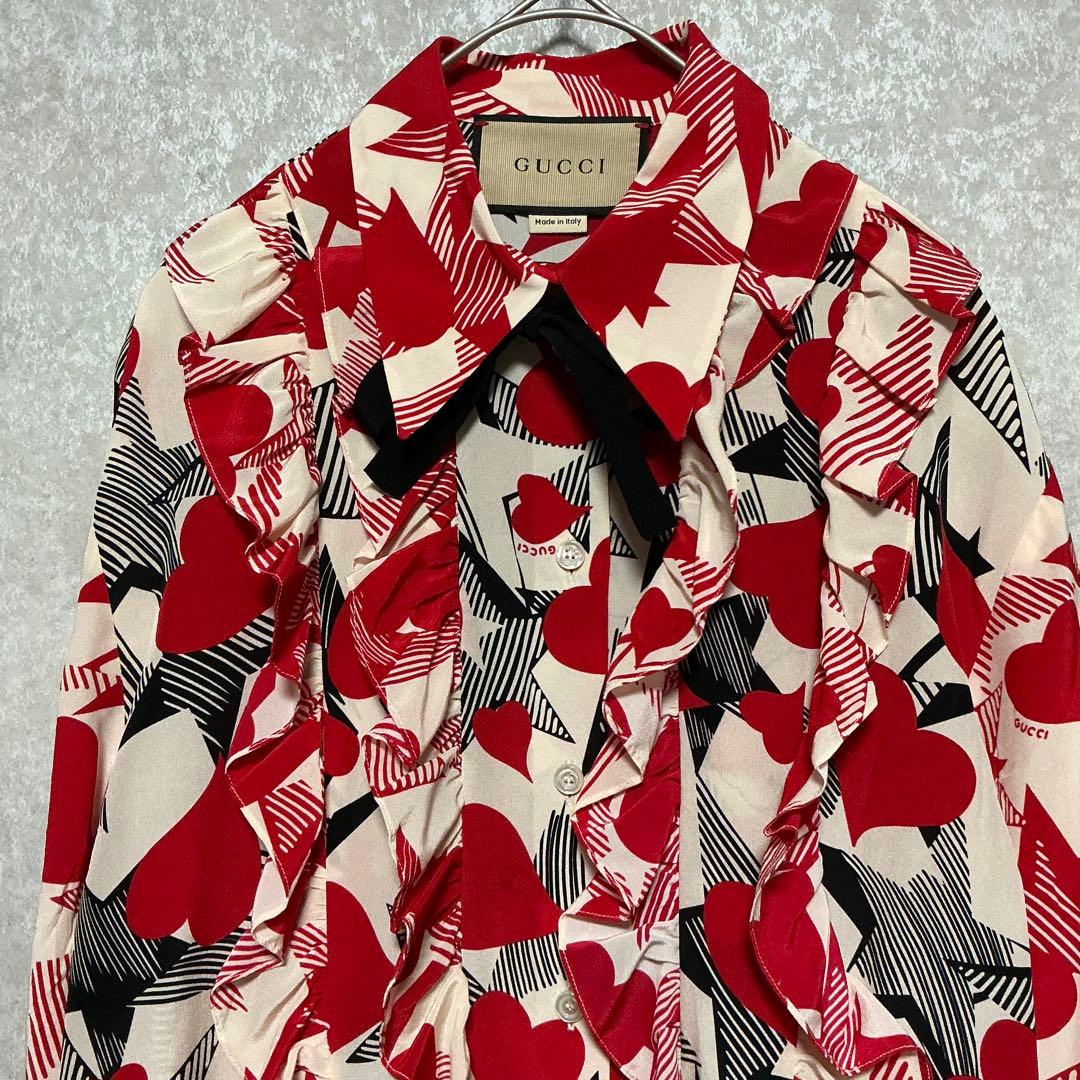 【美品】Gucci ruffled printed silk blouse