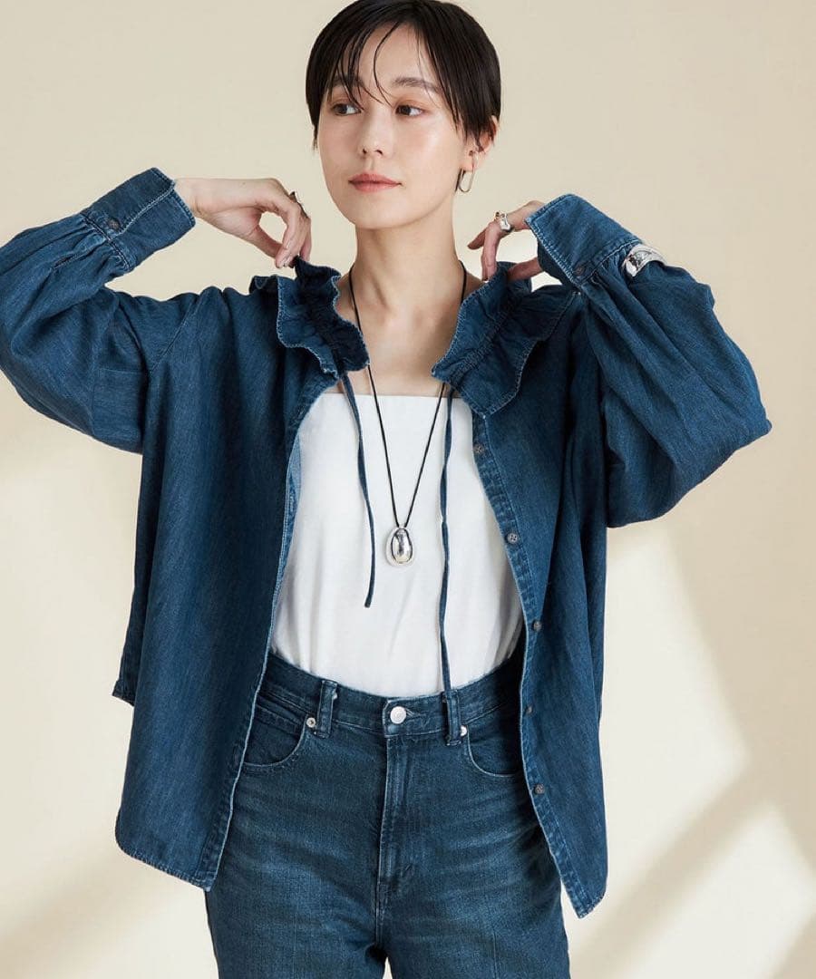 【RM denim】フリルギャザーデニムブラウス