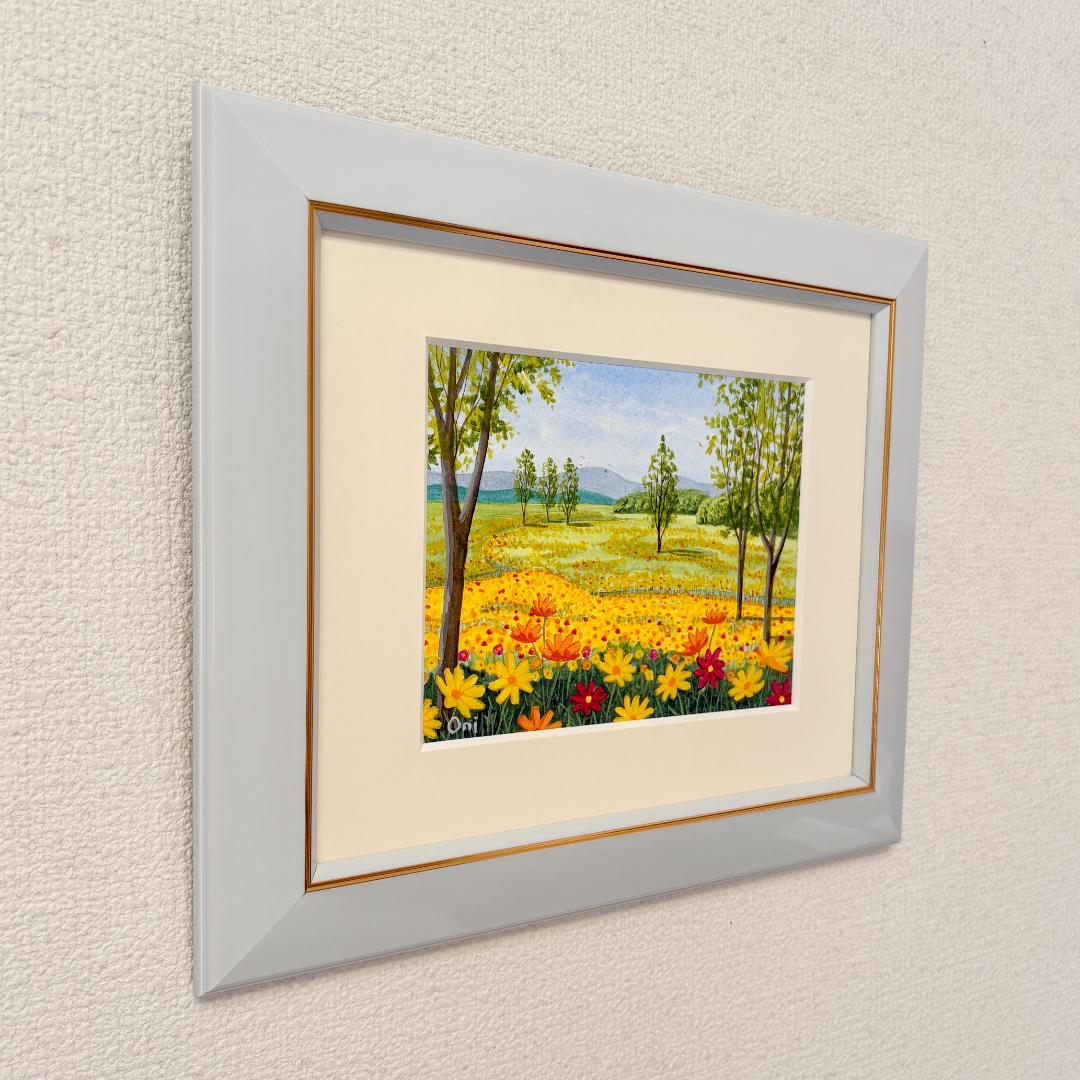 アクリル画　原画　「キバナコスモスのフィールド07」額縁付き　F0サイズ　風景画
