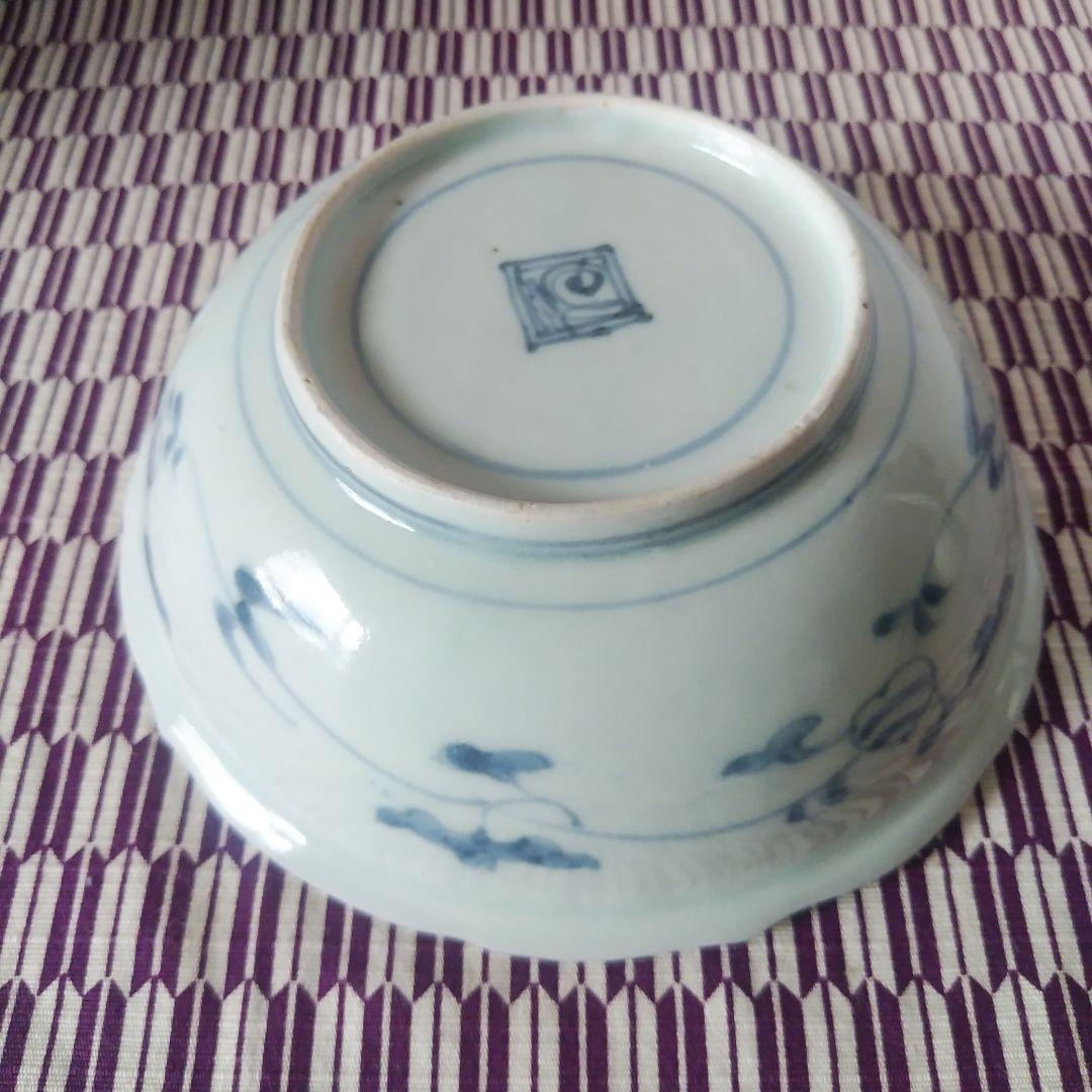 古伊万里 染付 芙蓉手 山水文輪花深皿 二重角渦福 宝珠 古染付 アンティーク