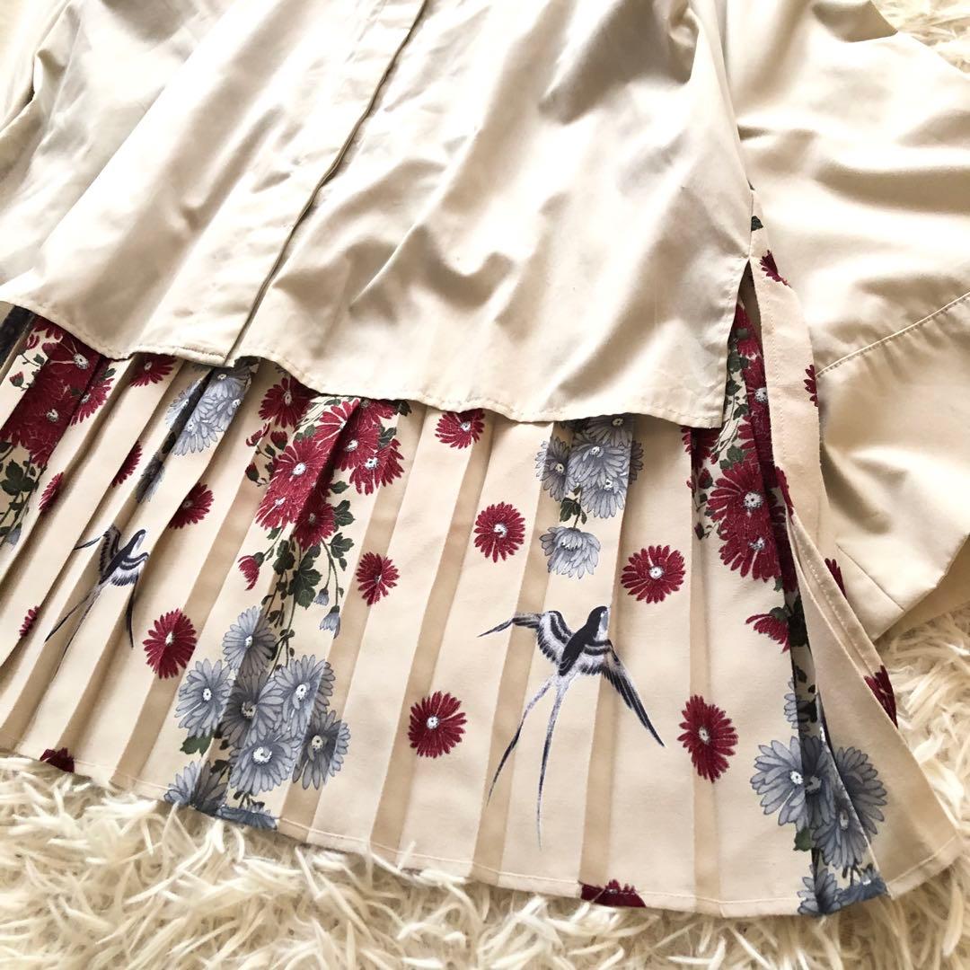 美品✨ふりふ【F】コットン混バッグプリントプリーツシャツ　和柄　菊燕　ゆったり