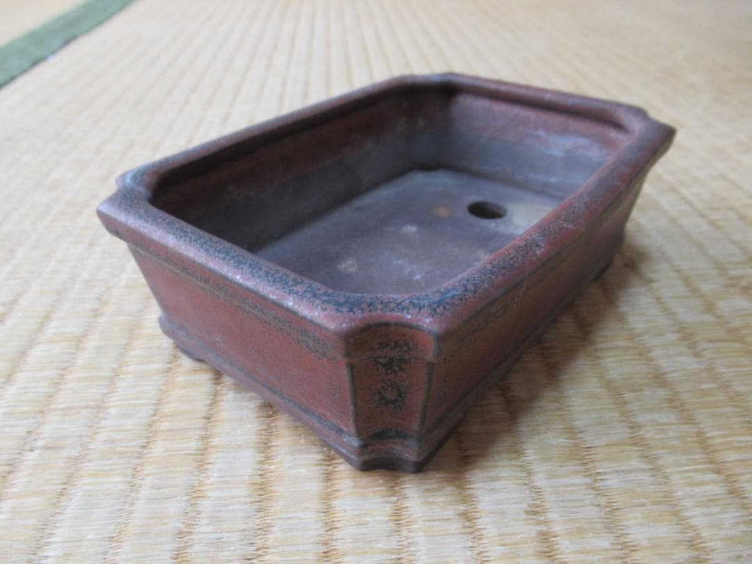 1970年頃◆東京植松陶翠『陶翠』茶と黒釉薬 外縁/隅切/切足 長角型鉢 盆栽鉢
