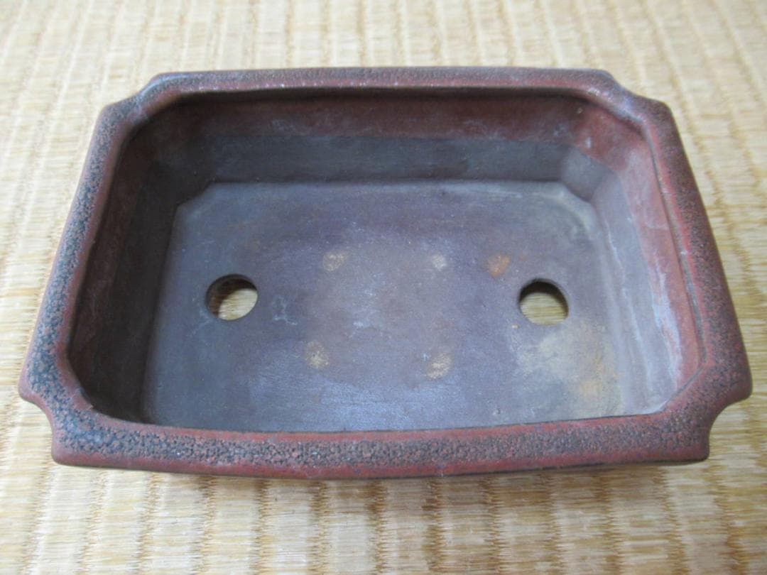 1970年頃◆東京植松陶翠『陶翠』茶と黒釉薬 外縁/隅切/切足 長角型鉢 盆栽鉢