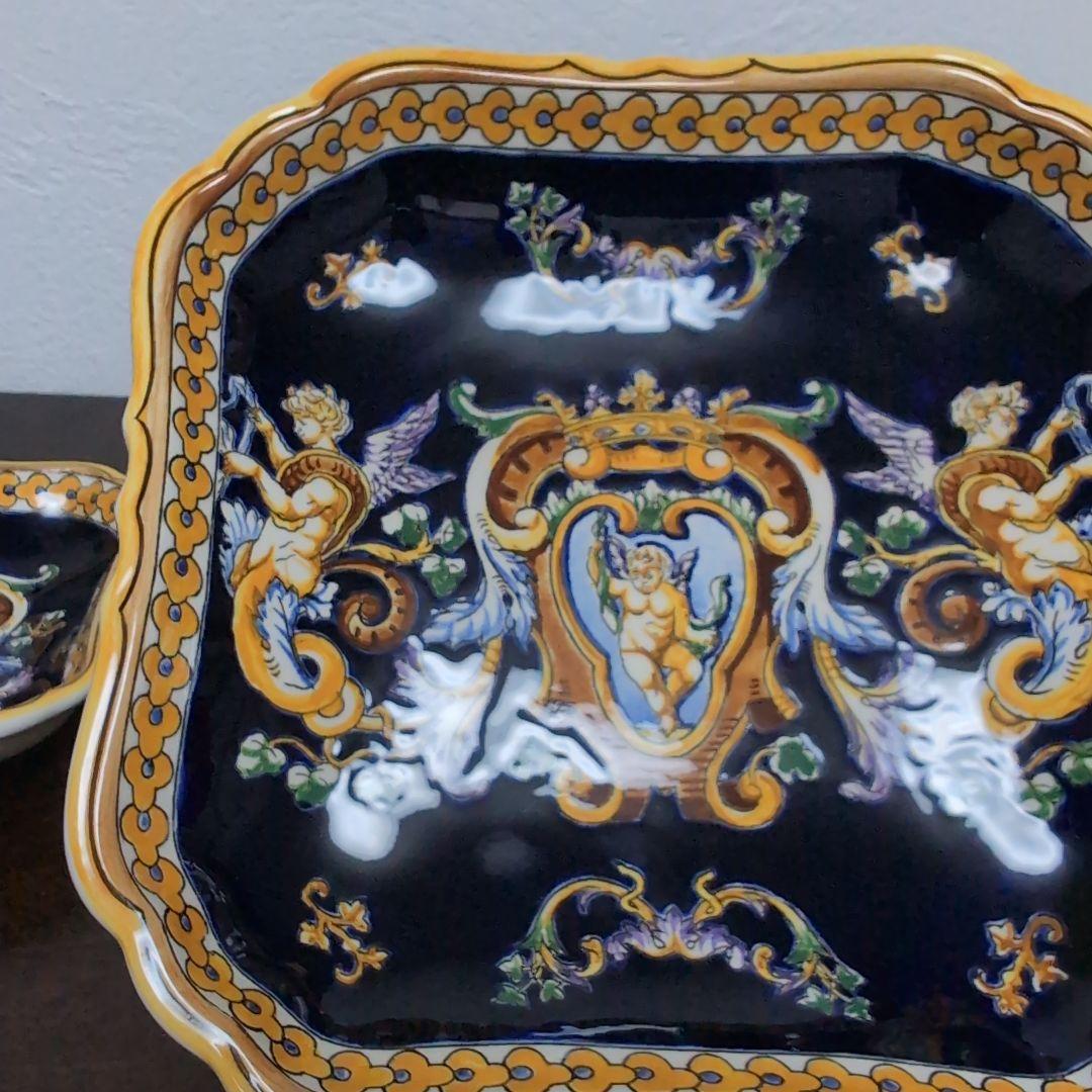 フランス　Gienジアン　手描き　ルネサンス　天使図　飾り皿　壁掛け　大21cm