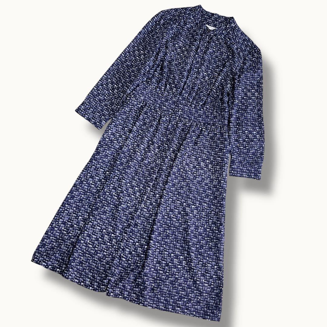 美品 23区 ツイーディープリントドレス 洗える ワンピース 32 ネイビー