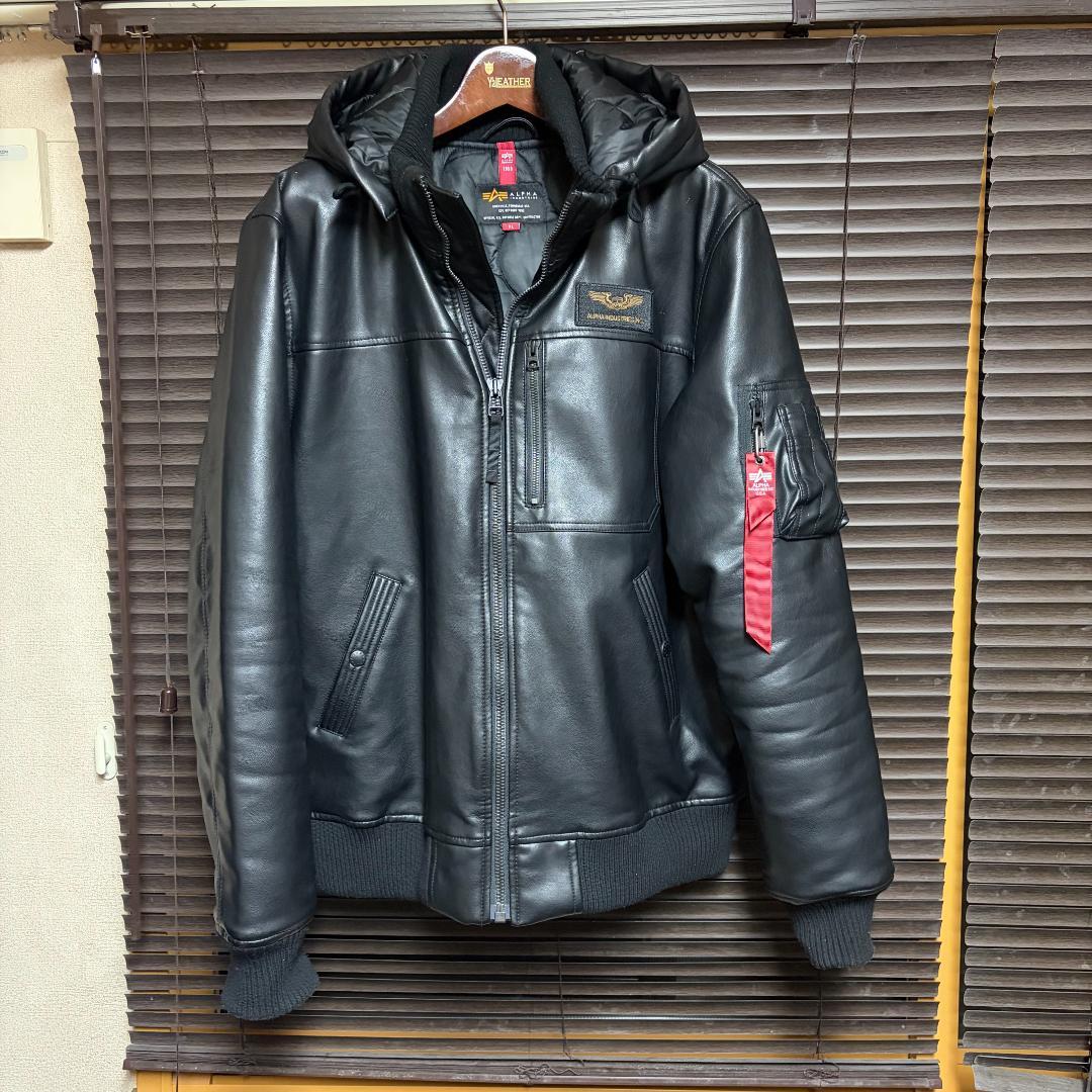 新*錦様 ALPHA INDUSTRIES フード付きフェイクレザージャケット