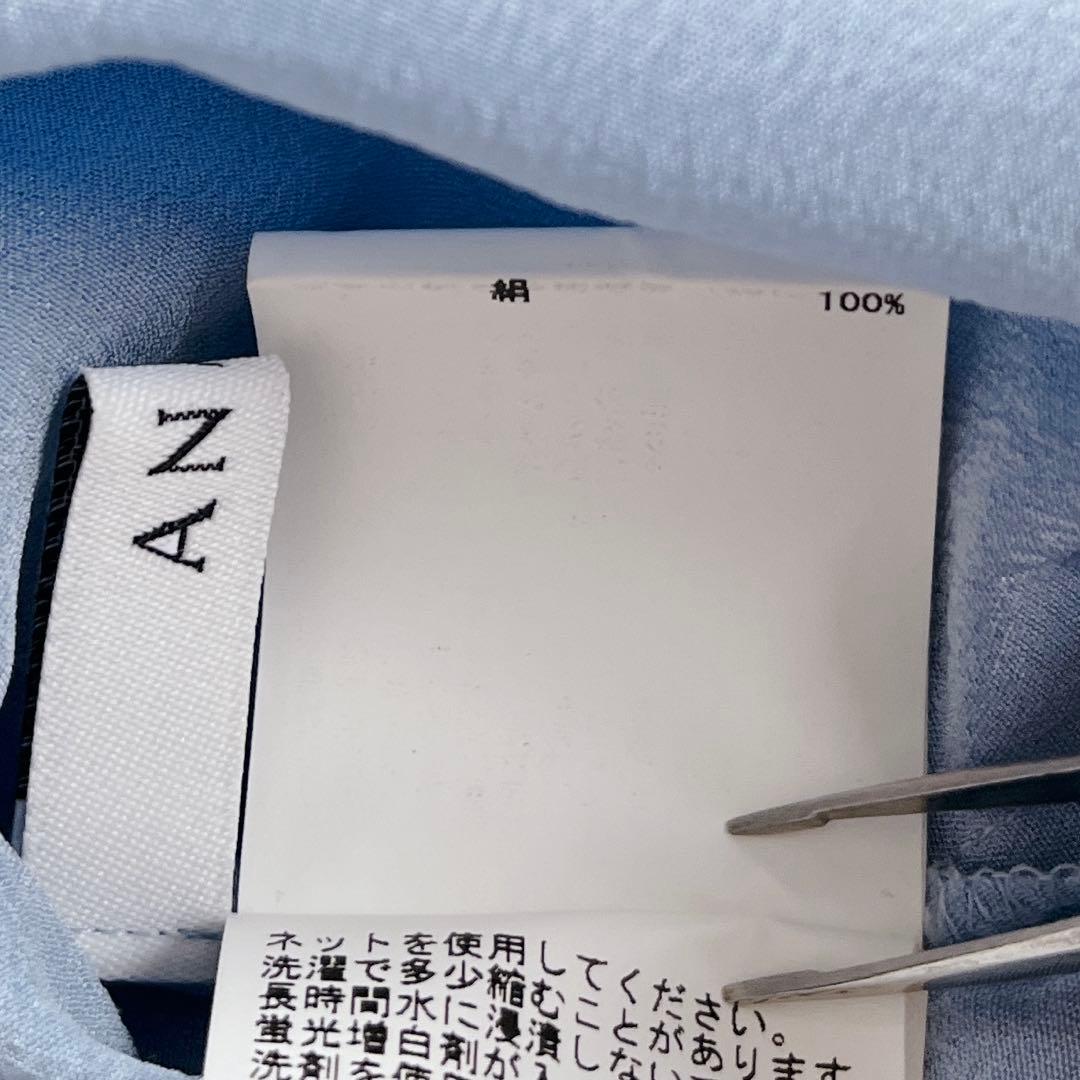 美品✨アナイ シルク100% Vネックブラウス 38 ブルー 袖リボン 洗える
