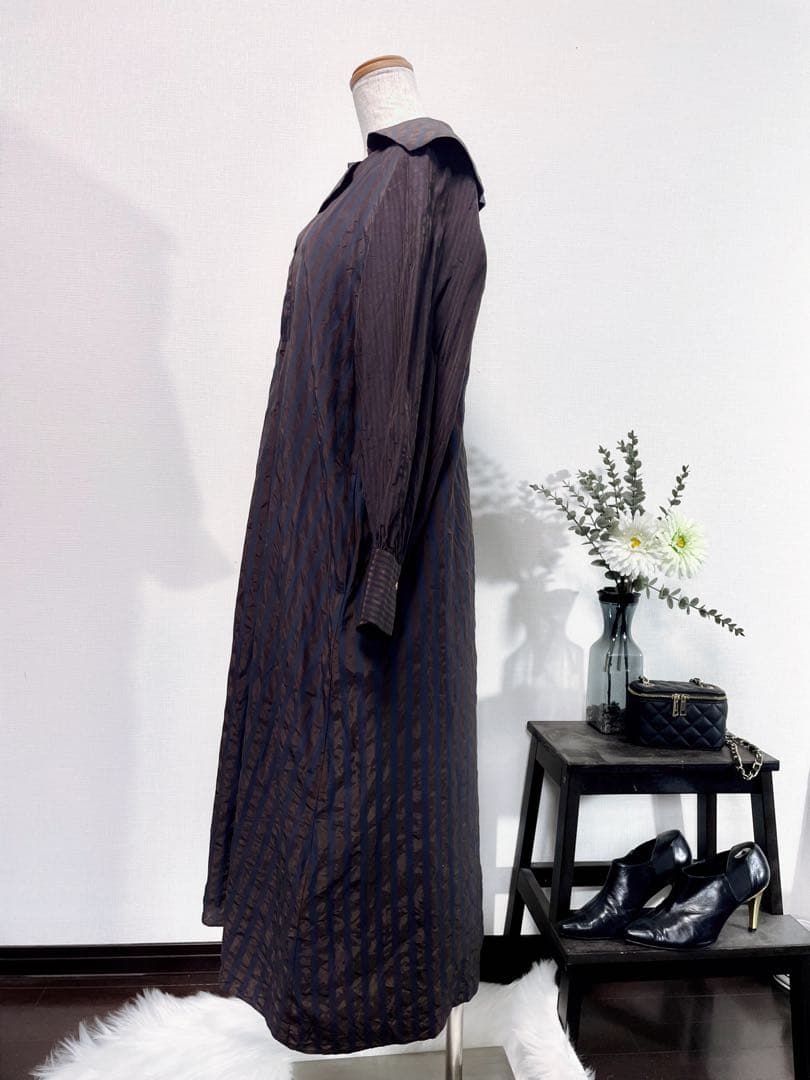 美品BRAHMINストライプ柄セーラー襟シャツワンピース袖ゴールドボタンロング丈