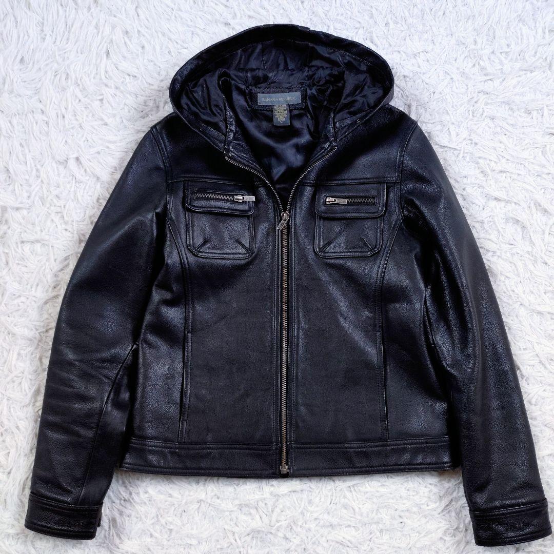 【本革】BANANA REPUBLIC　レザーパーカー　ジャケット　ブラック