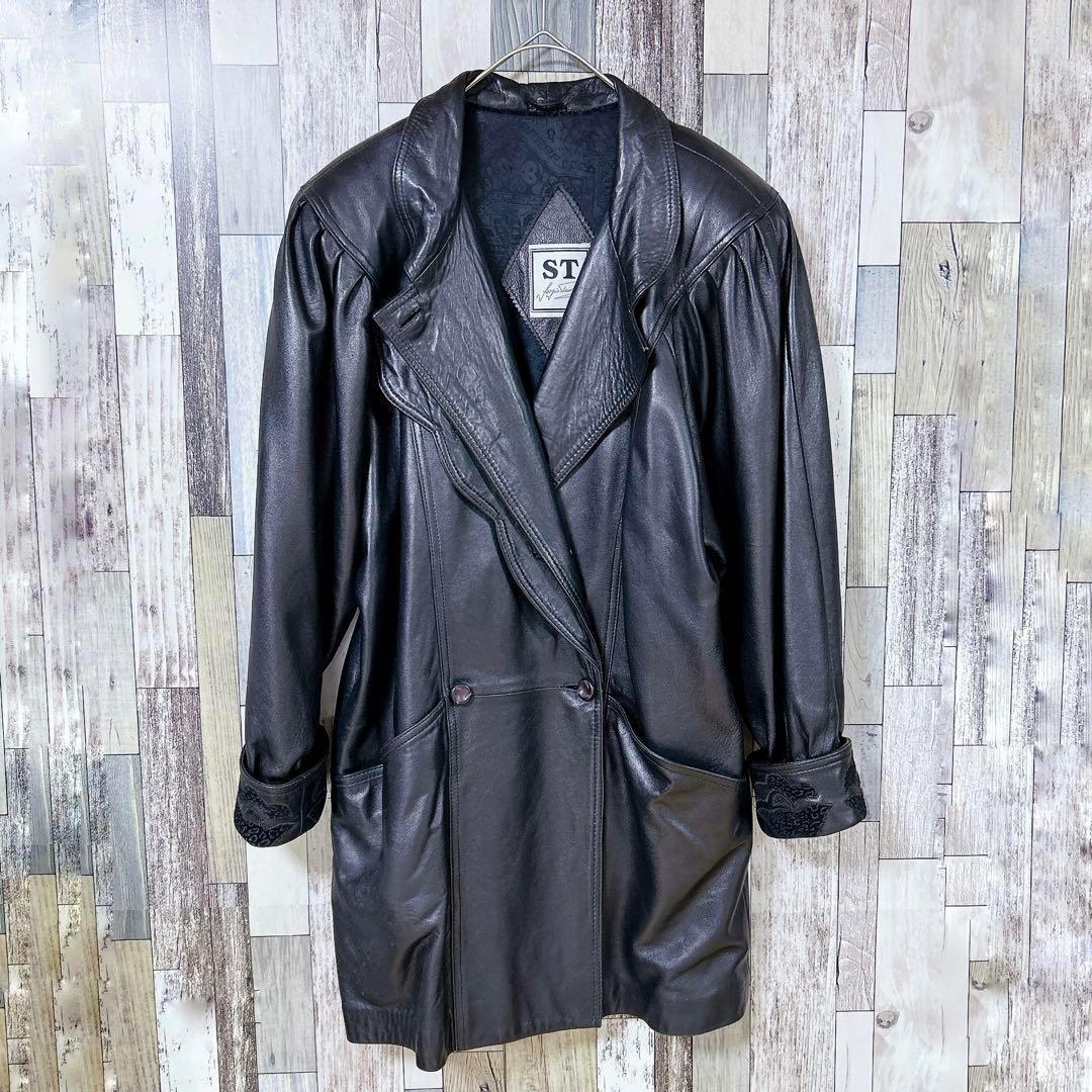 【超希少】ダブル襟ロングレザーコート　vintage　極厚肩パッド　黒　XL相当