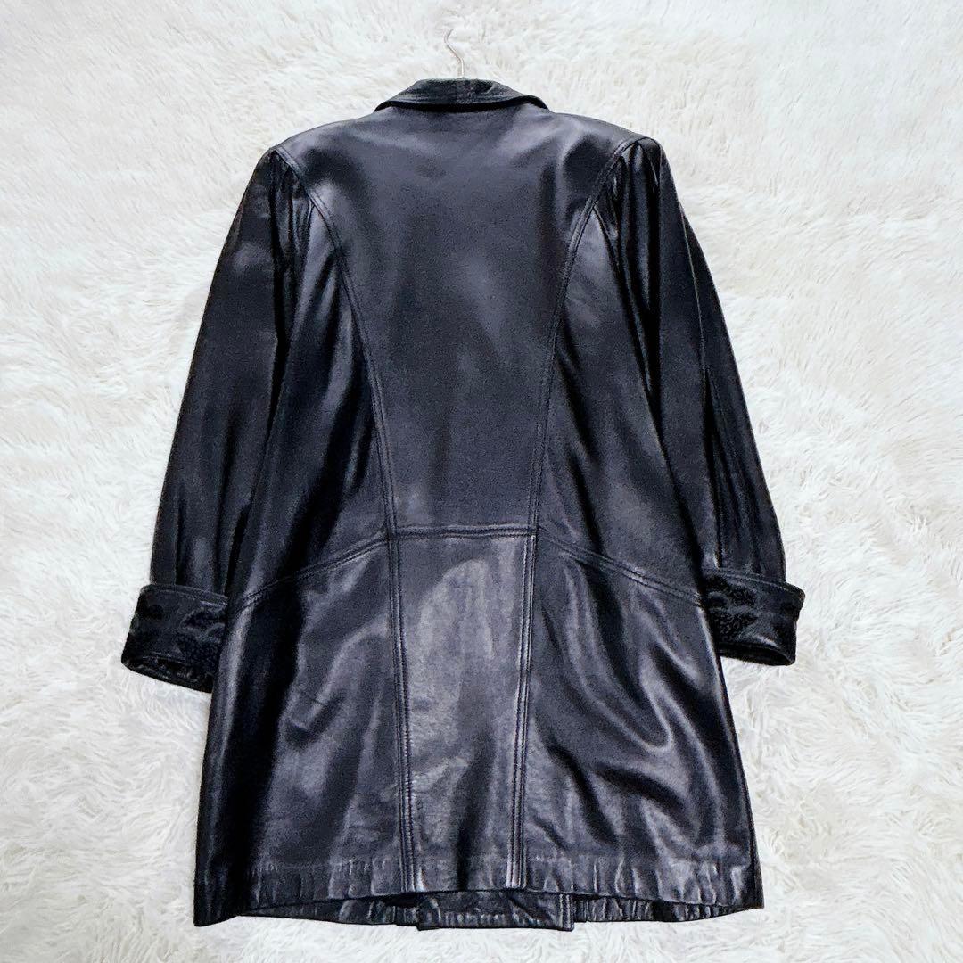 【超希少】ダブル襟ロングレザーコート　vintage　極厚肩パッド　黒　XL相当
