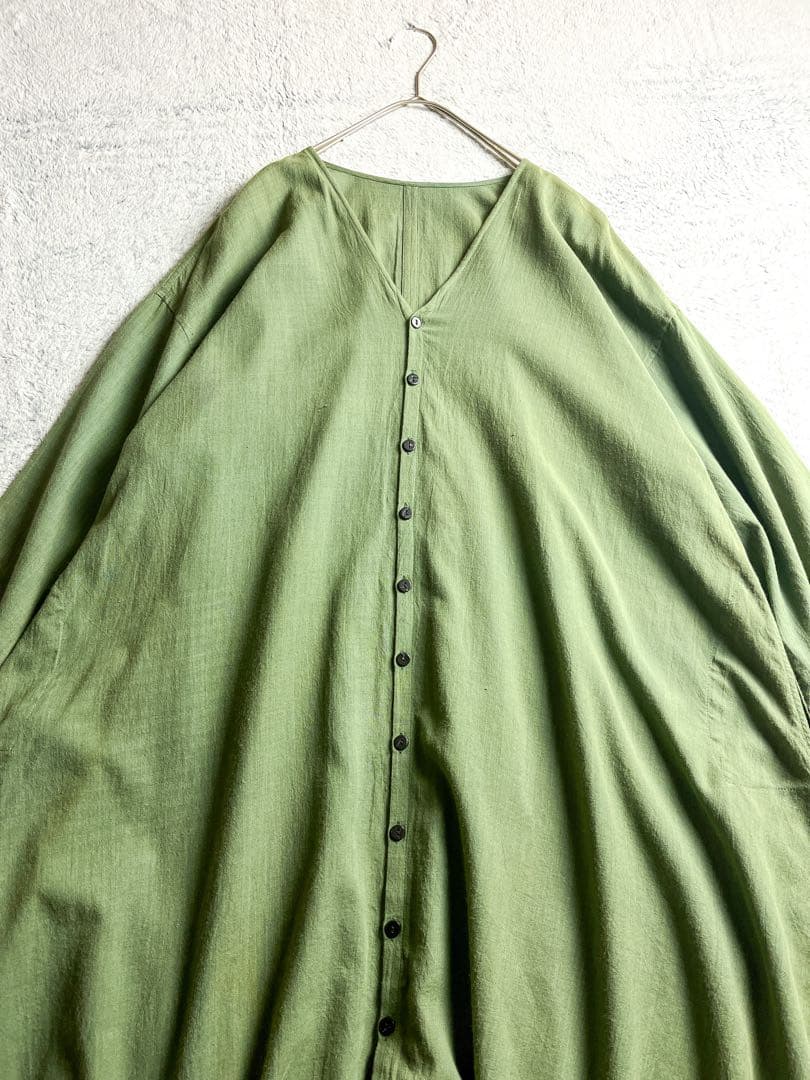 【Babaghuri】ババグーリ 綿混 Vネックワイドシャツワンピース M 緑